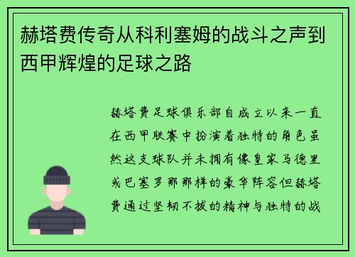 赫塔费传奇从科利塞姆的战斗之声到西甲辉煌的足球之路