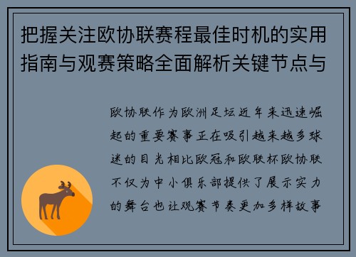 把握关注欧协联赛程最佳时机的实用指南与观赛策略全面解析关键节点与赛季节奏